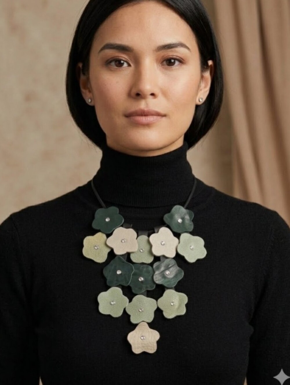Handmade Genuine Leather 2D Statement Flower Necklace Pistachio Green 045